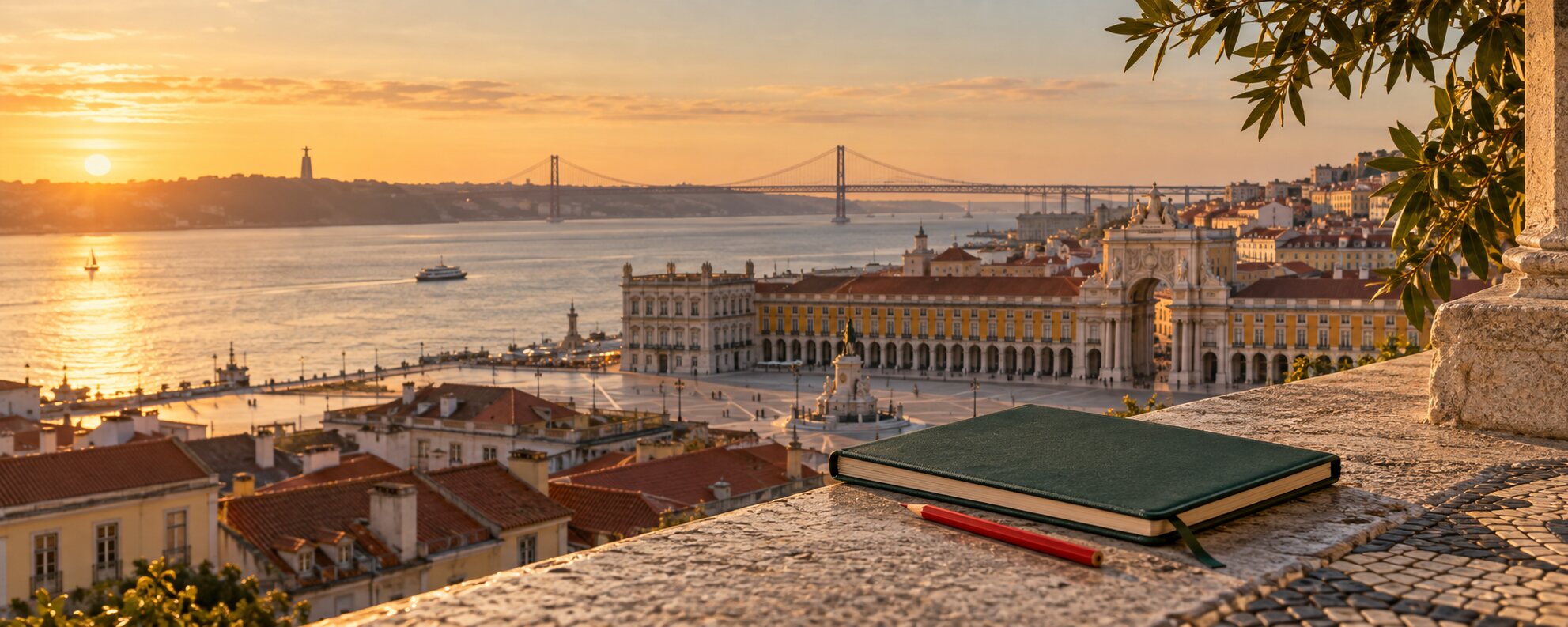 Lisboa ao pôr do sol com caderno editorial