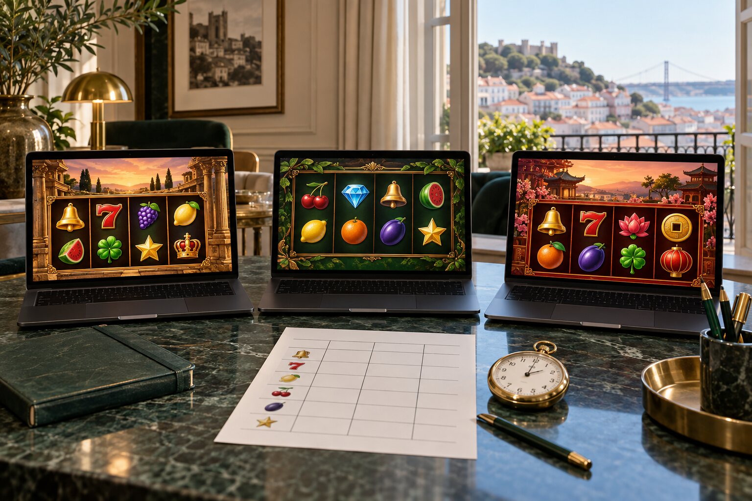 Comparação editorial de três slots genéricas