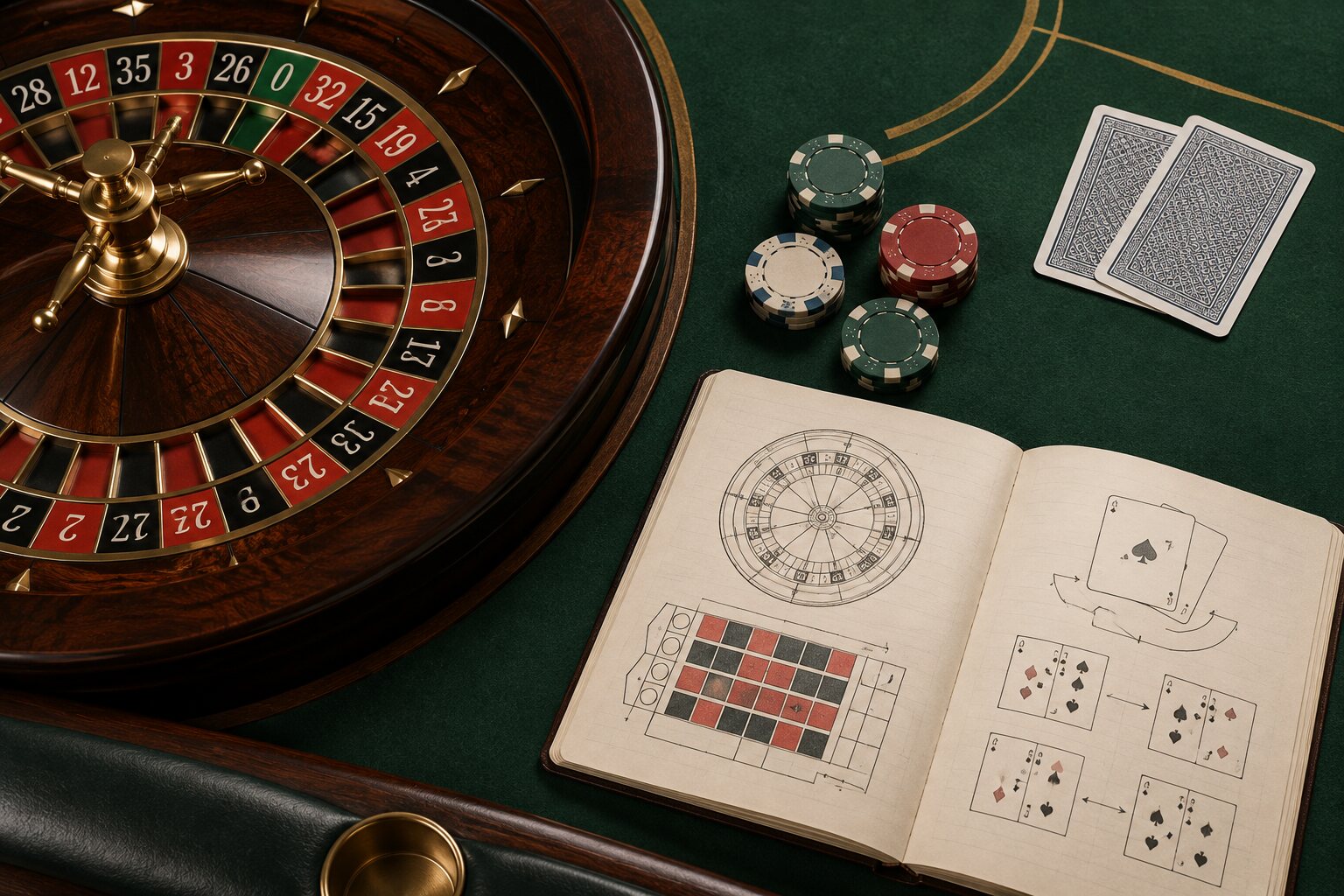 Roleta francesa e cartas num estudo de regras